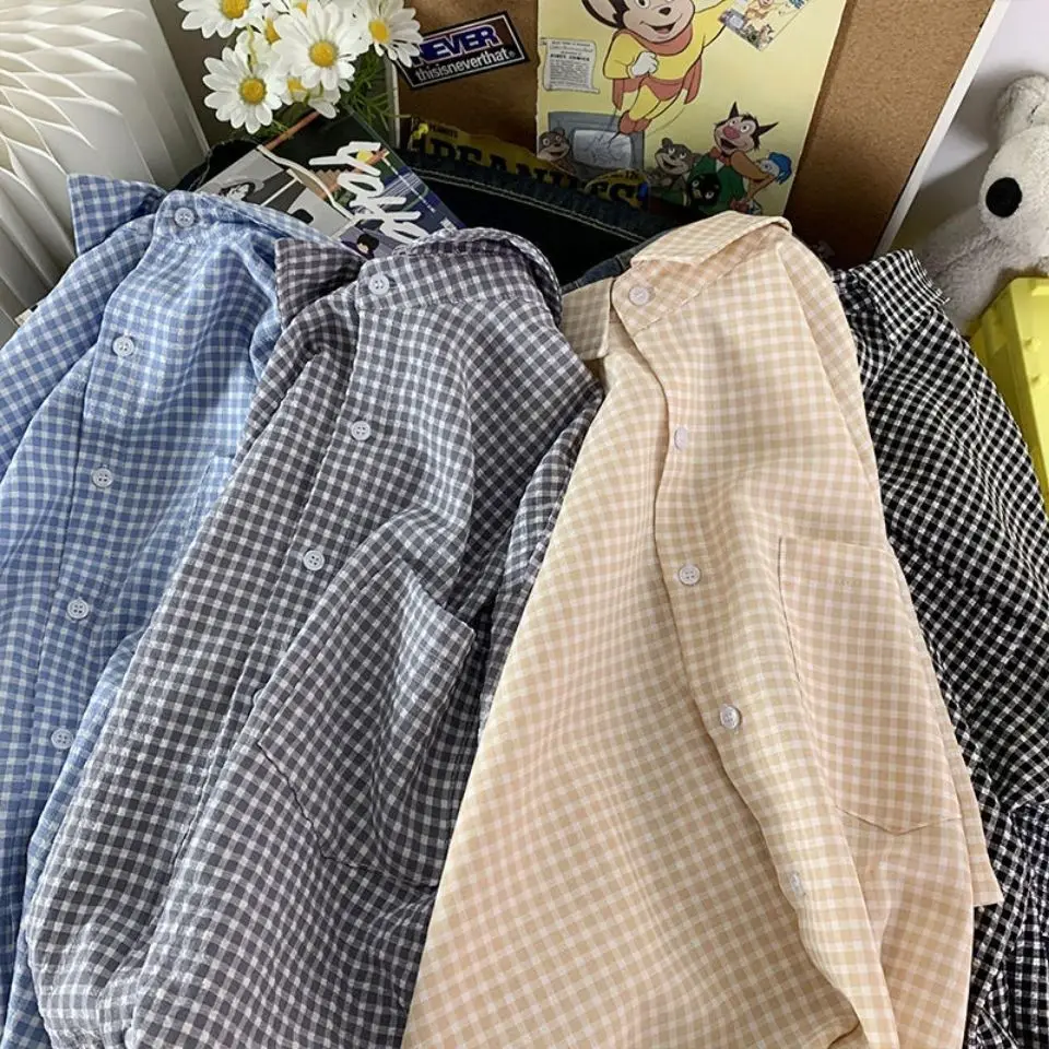 Рубашка женская в клетку универсальная винтажная уличная одежда японском стиле