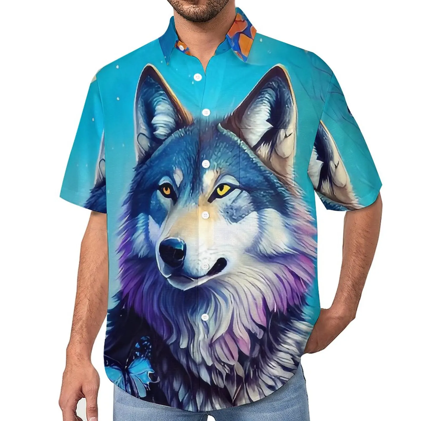 

Wolf in Blooming Tree Blouses Men Flower Print Casual Shirts Hawaiian Short Sleeve Graphic Trendy Oversized Vacation Shirt Gift