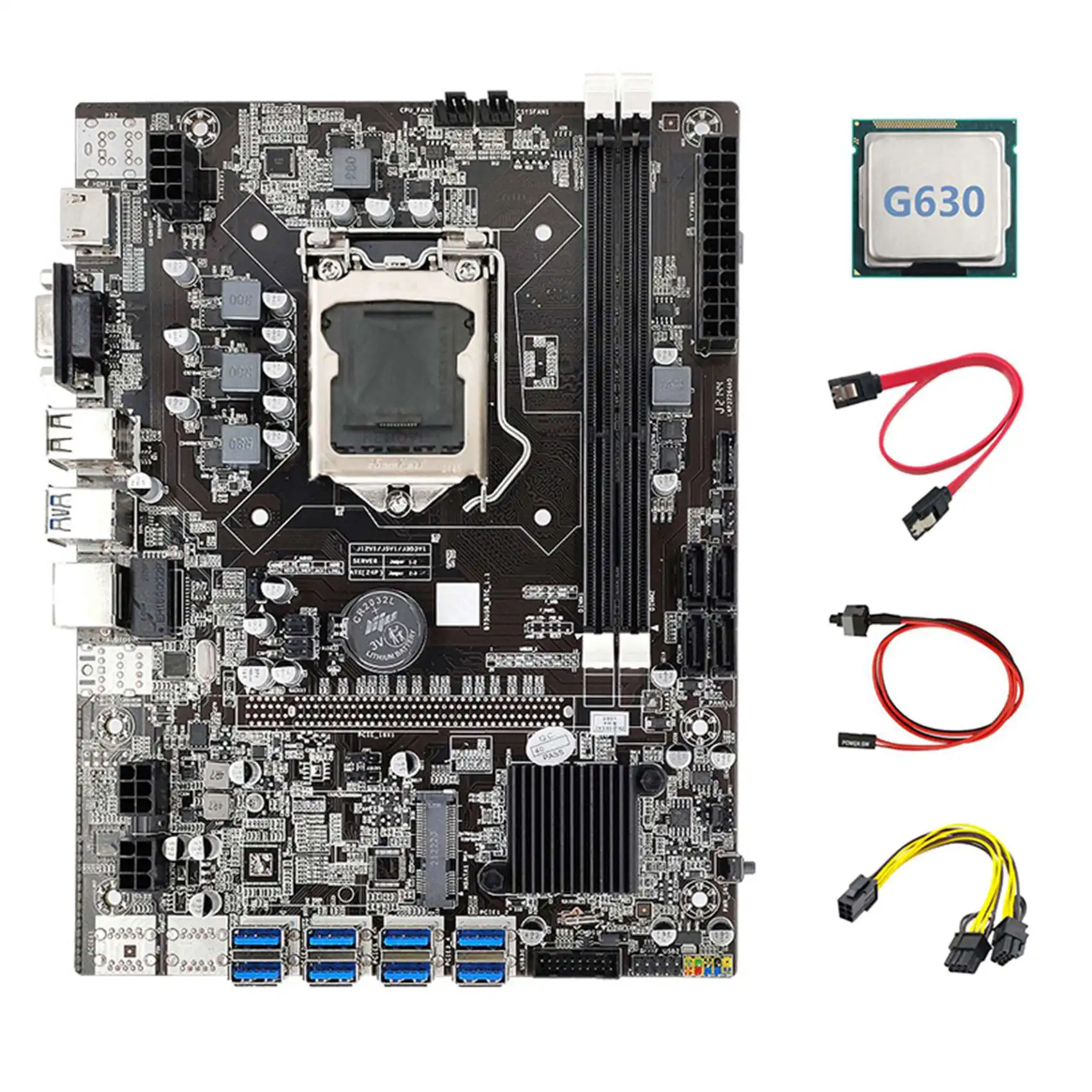 B75 ETH Mining Motherboard 8XPCIE to USB+G630 CPU+6Pin to Dual 8Pin Cable+SATA Cable+Switch Cable LGA1155 B75 Mainboard