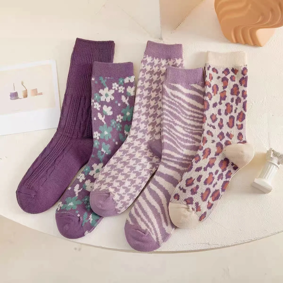 

5Pairs/Lot Funny Socks For Purple Cotton Warm Sock All Seasons Double Needle Socks Comfortable Breathable Women Socks with Print