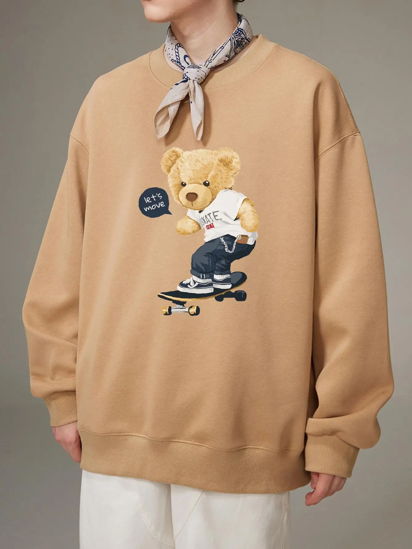 Kpop Skateboard Bear Print Man Pullover Fashion Autumn Loose Streetwear Y2k Korean Style Male Sweatshirts Drop Shoulder Hoodies