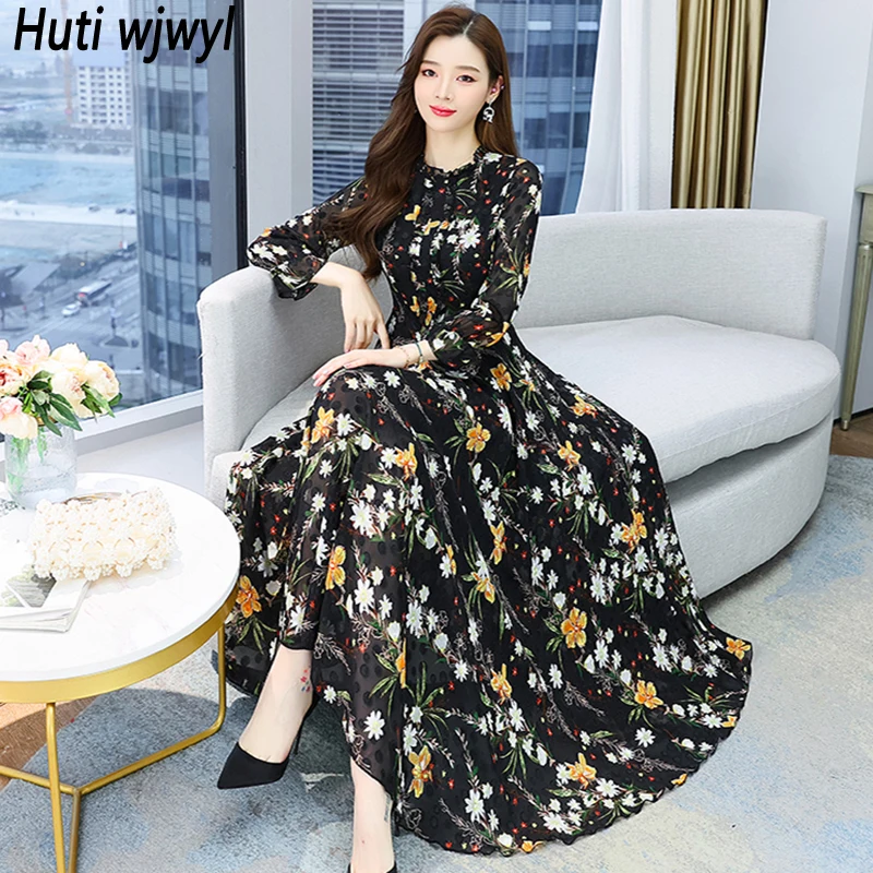 

2022 Black Floral Chiffon Boho Beach Sundress Spring Autumn Elegant Long Sleeve Dresses Women Vintage Casual Party Maxi Vestidos