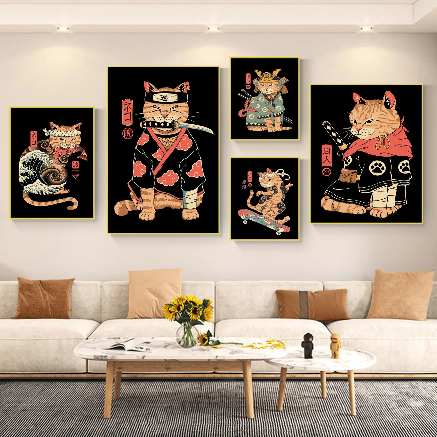 

Japanese Samurai Cat Movie Sticky Posters Whitepaper Sticker DIY Room Bar Cafe Vintage Decorative Painting