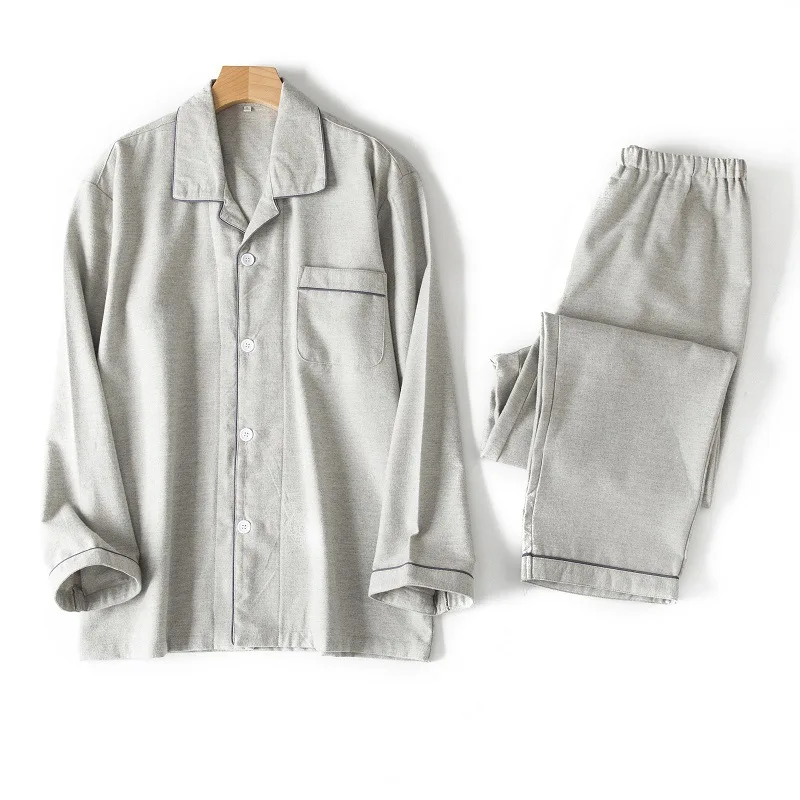 Pajamas Women Spring and Autumn Couple Pure Cotton Herringbone Pattern Good-quality Two-piece Loungewear  with Turn-over Collar