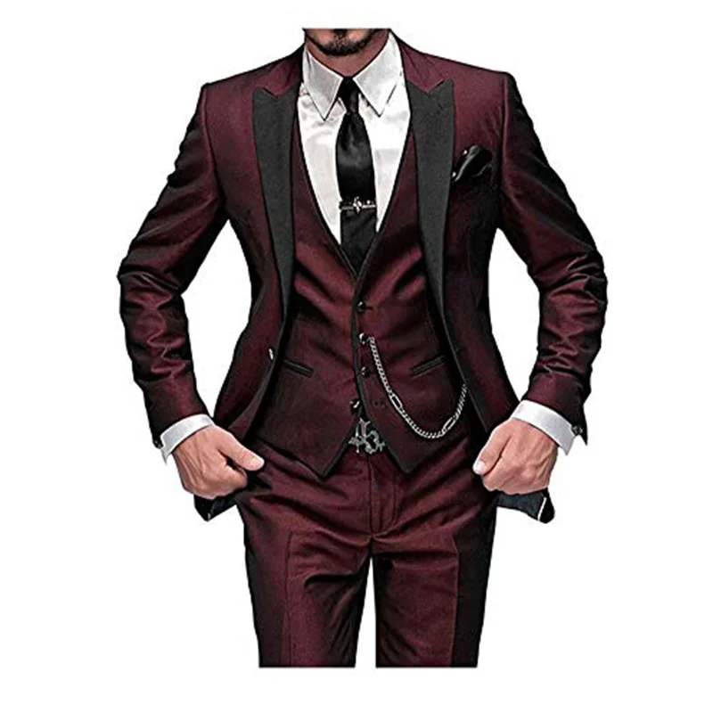 

2022 Burgundy Slim Fit One Button Men Suits for Wedding Peak Lapel Groomsmen Best Man Tuxedo 3 piece Suit Set（Jacket+Vest+Pants