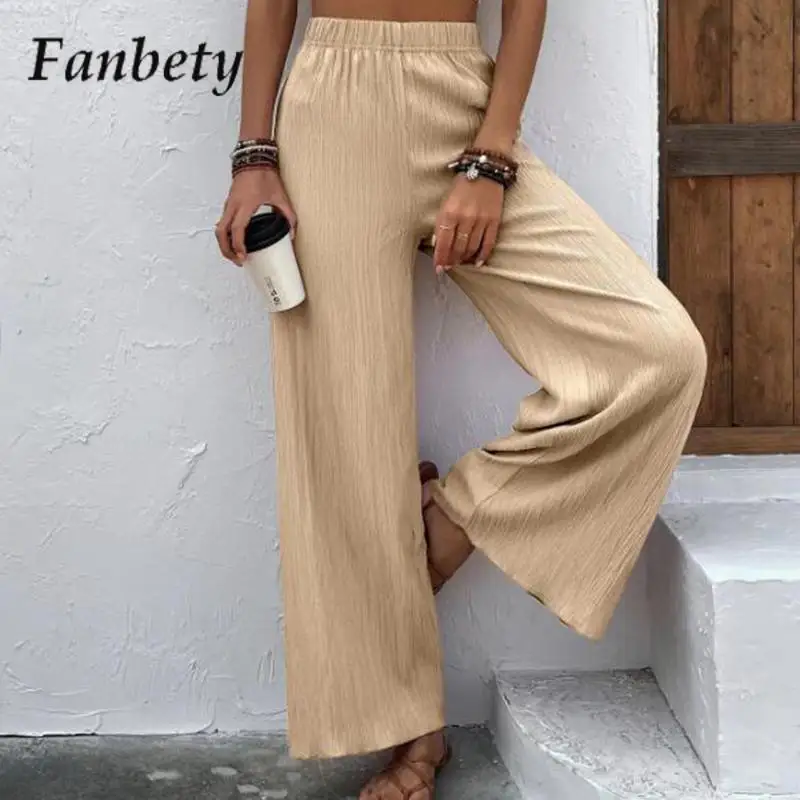 

Women Solid Color Straight Trousers Summer Fashion Elastic Waist Long Pants Office Ladies Casual Loose Pleated Pants Streetwear