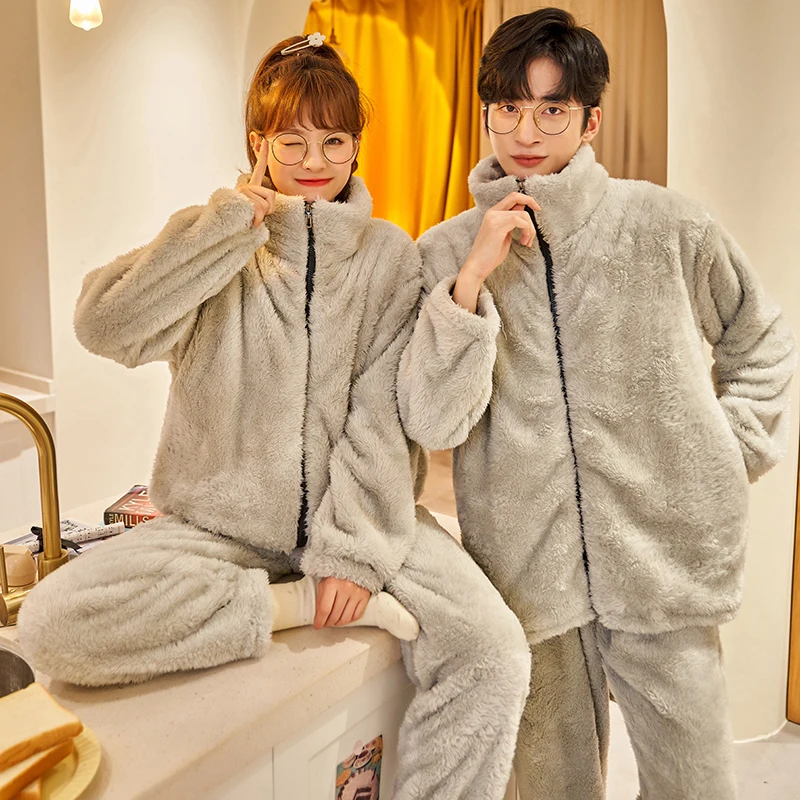 Autumn Winter Warm Flannel Zipper Couple Pajamas Set Women Sleepwear Family Pijama Lover Homewear Cloth Women Casual Men Pyjamas