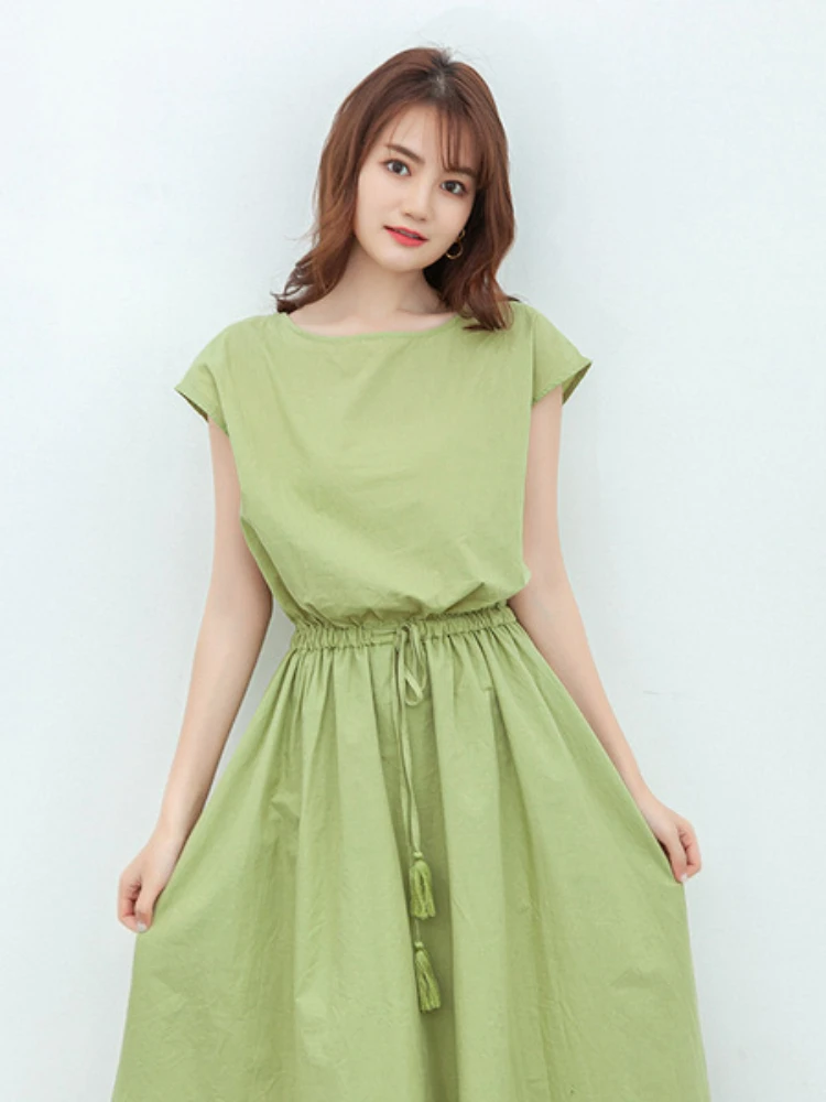 

New Summer Literary Dress Waist Loose Cotton and Linen Dress Woman Dress Green Dress Chic and Elegant Woman Dress Long Dress