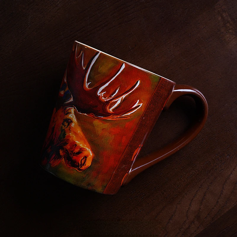 

European Style Creative Strong Oil Painting Color Ceramic Art Mug Red Deer Animal Abstract Water Cup Classic Coffee Cup