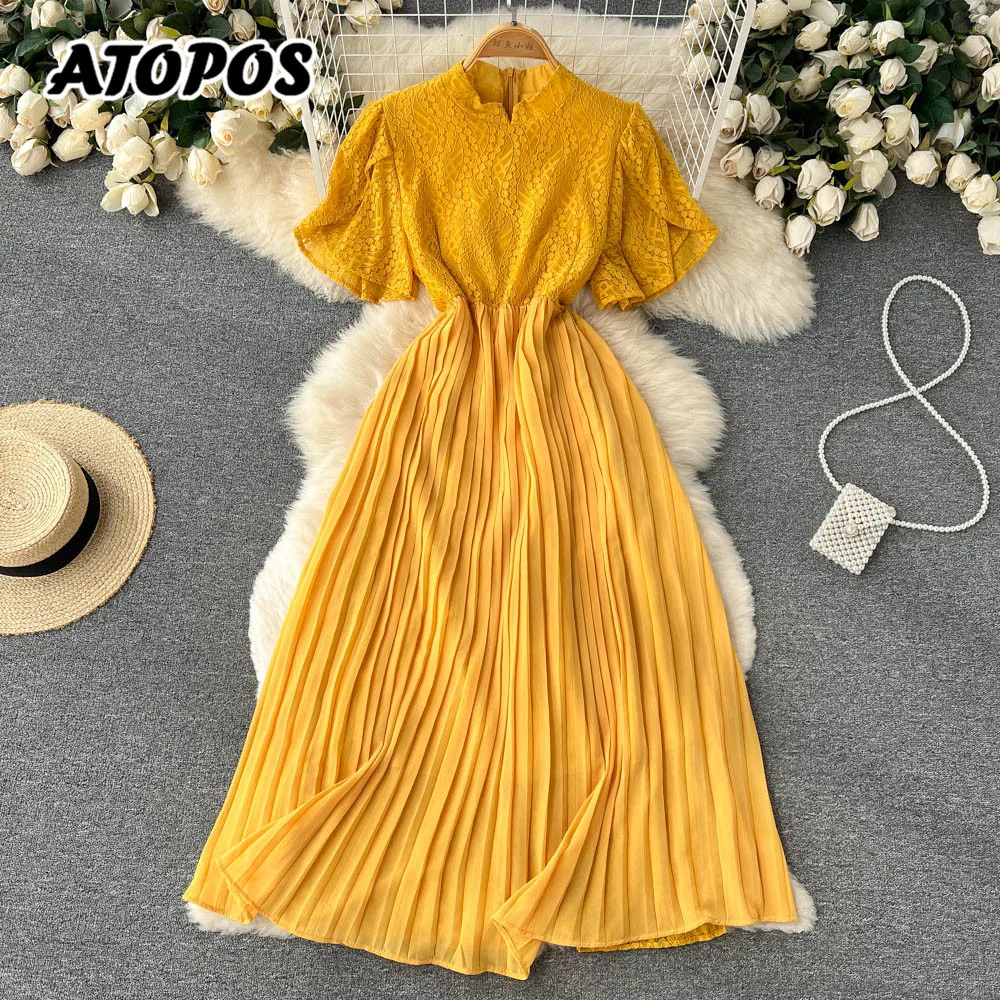 

Atopos Women Lace Patchwork Summer Pleated Dress Fashion Elegant High Waist Midi Dresses Sundress Vestidos Female Robe 2022