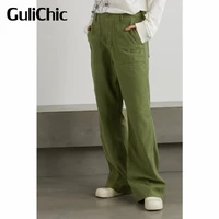 5.6 GuliChic Women Fashion Army Green Low-Waist Pocket Button Casual Straight Cargo Pants