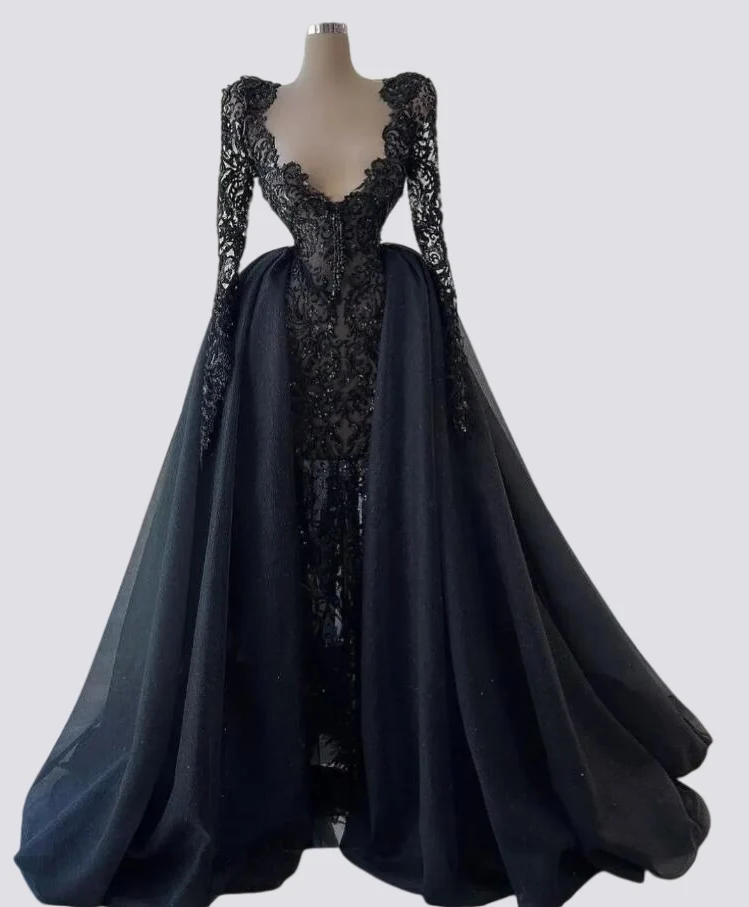 

Черное официальное платье-Русалка для выпускного вечера со съемным шлейфом 2023 длинным рукавом Кружевное Вечернее Платье С Блестками Aso Ebi