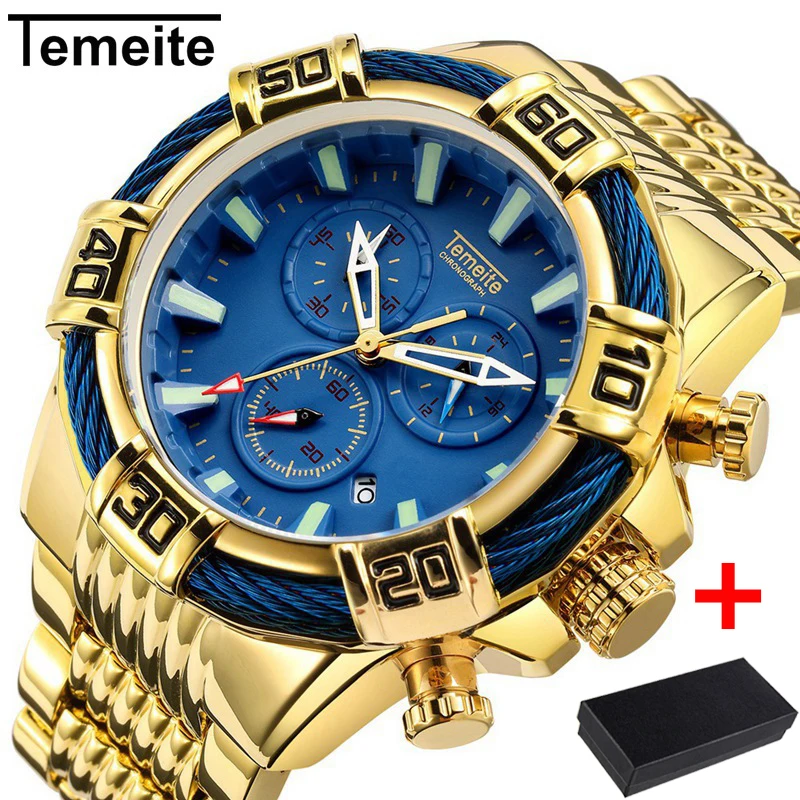

Temeite Golden Watch For Men Luxury Brand Full Steel Big Dial Heavry Chronograph Gold Male Wristwatches Relogio Masculino 2022