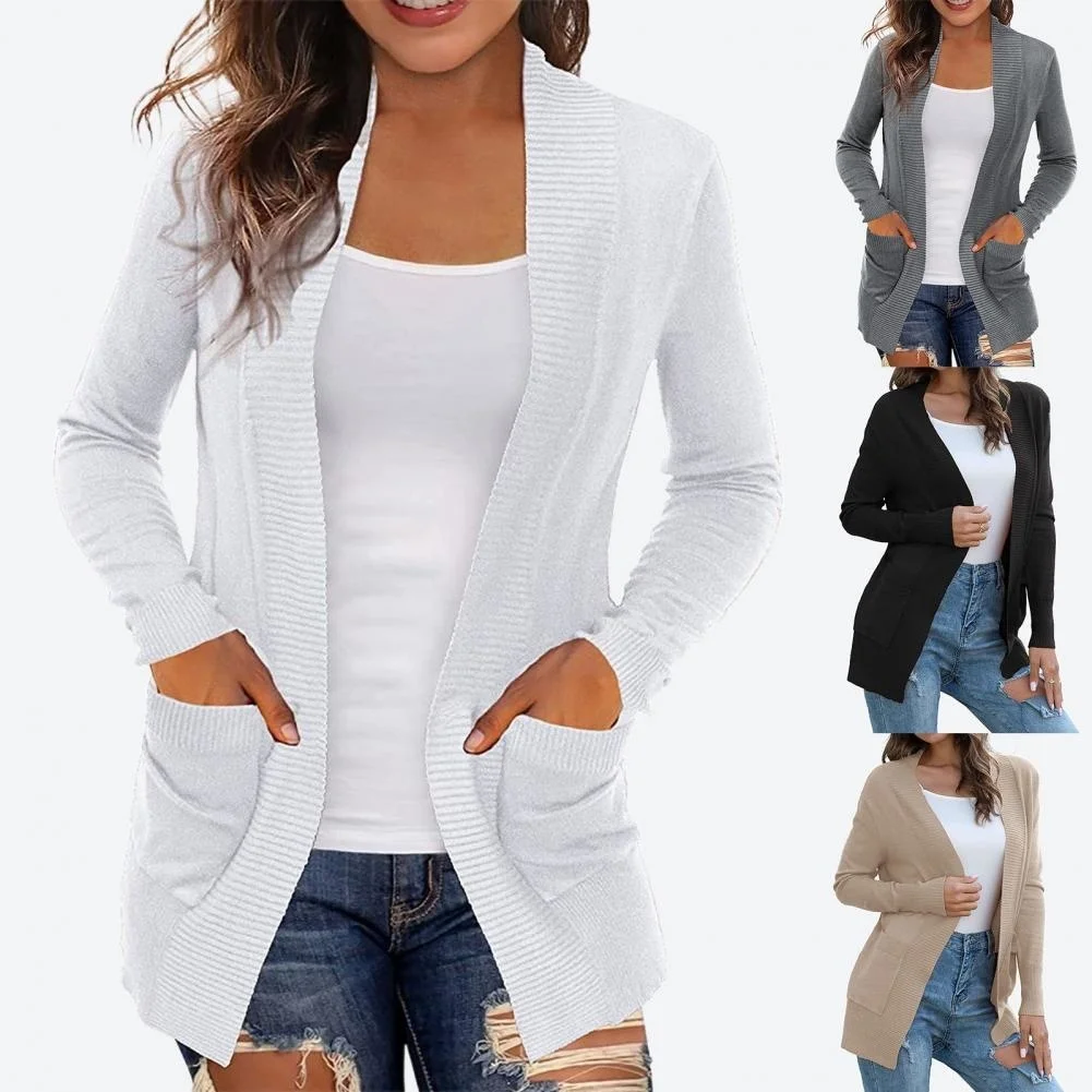 

Hot sale Knitted Fabulous Great Stitching Autumn Sweater Cardigan Lady Clothes Female Sweater Coat Pockets for Work