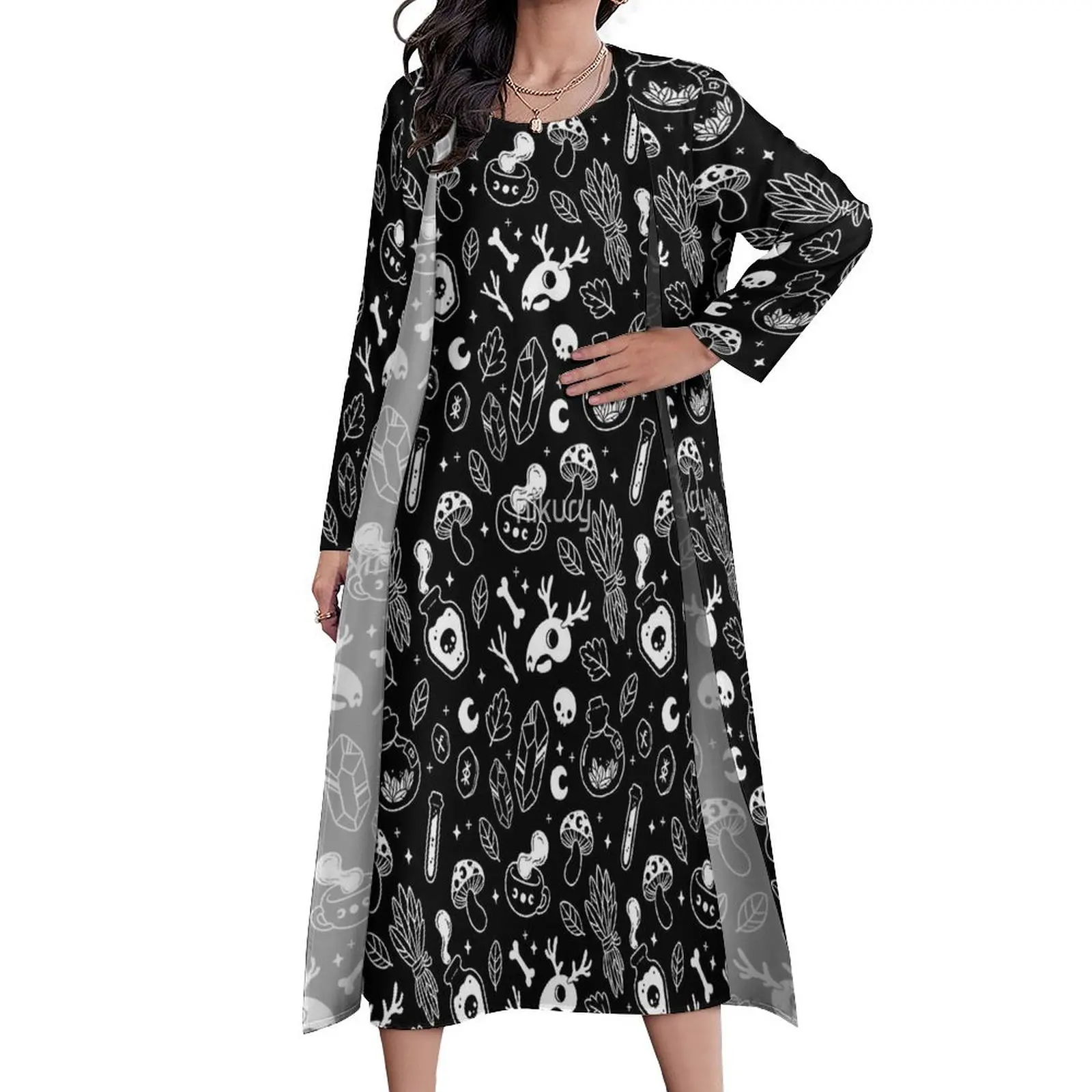 Ведьминские ингредиенты черно-белое платье Nikury элегантное макси на Хэллоуин