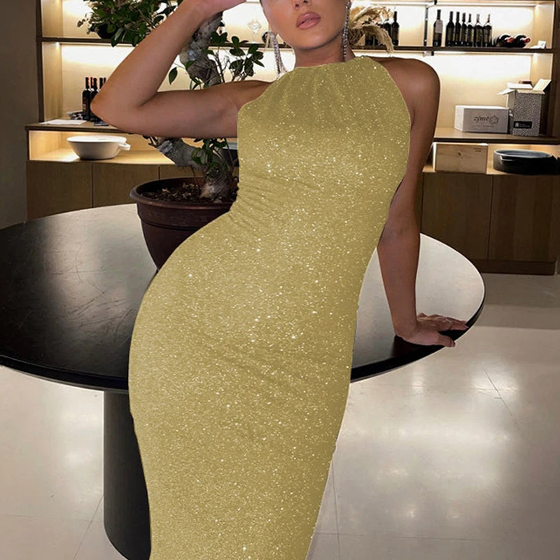

Ladies Elegant Solid Long Wrap Hip Dress Spring Fashion Sequin Sparkling Party Dress Women Sexy Slim O Neck Sleeveless Mini Dres