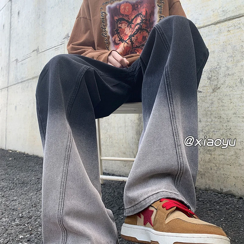 Blue Black Baggy Jeans Men Fashion Gradient Jeans Men Japanese Streetwear Hip-hop Loose Straight Denim Pants Mens Trousers M-5XL