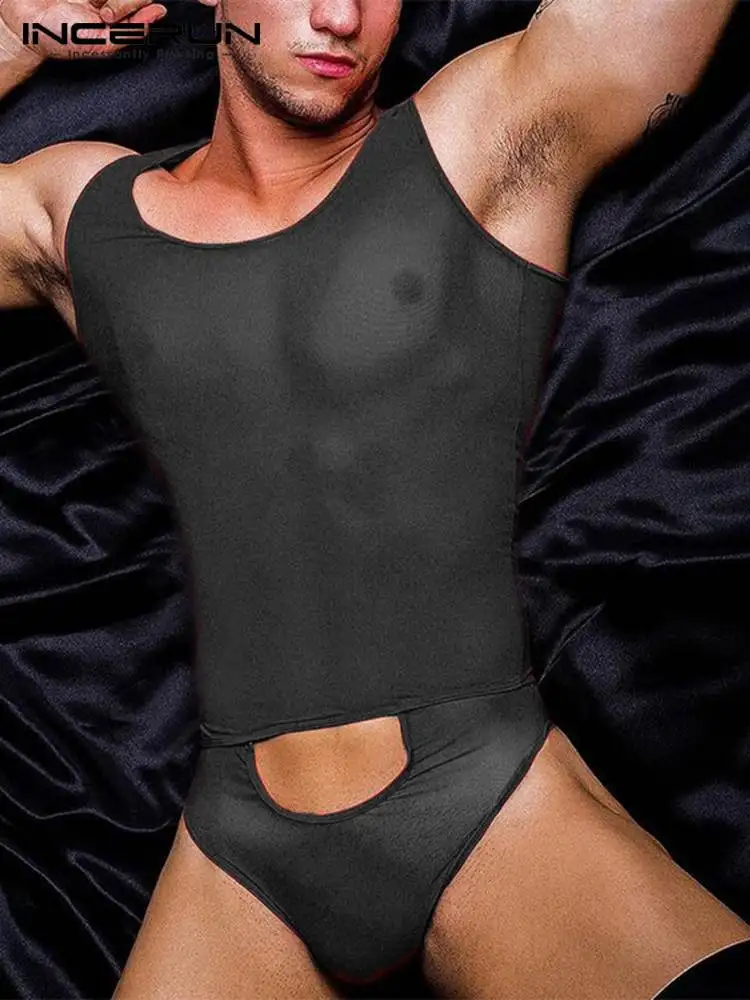 

INCERUN Comfortable Homewear Men's Sexy Leisure See-though Bodysuits Sleeveless Jumpsuit Male Solid Breathable Romper S-5XL 2022