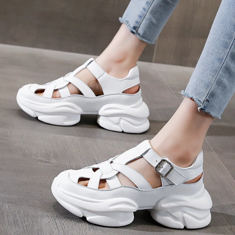 CICIYANG Summer Women Sandals Genuine Leather 2023 Platform Mujer Comfy Fashion Ladies Buckle Chunky Heel Openwork Weaving Shoes