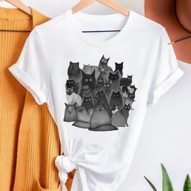 

Fashion Cartoon Cat Trend New 2022 Spring Short Sleeve Summer Women Graphic T Top Shirt Print T-shirts Female Tee T-Shirt