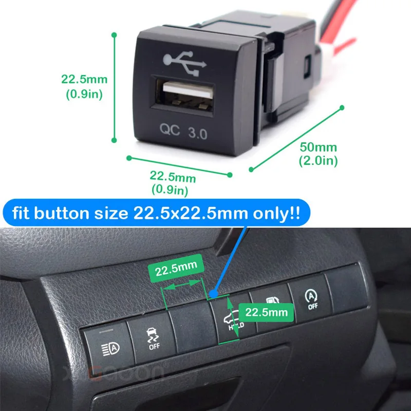 Быстрое зарядное устройство для автомобиля 22x22 мм QC3.0 USB Toyota Land Cruiser Prado 150 серия Rav4