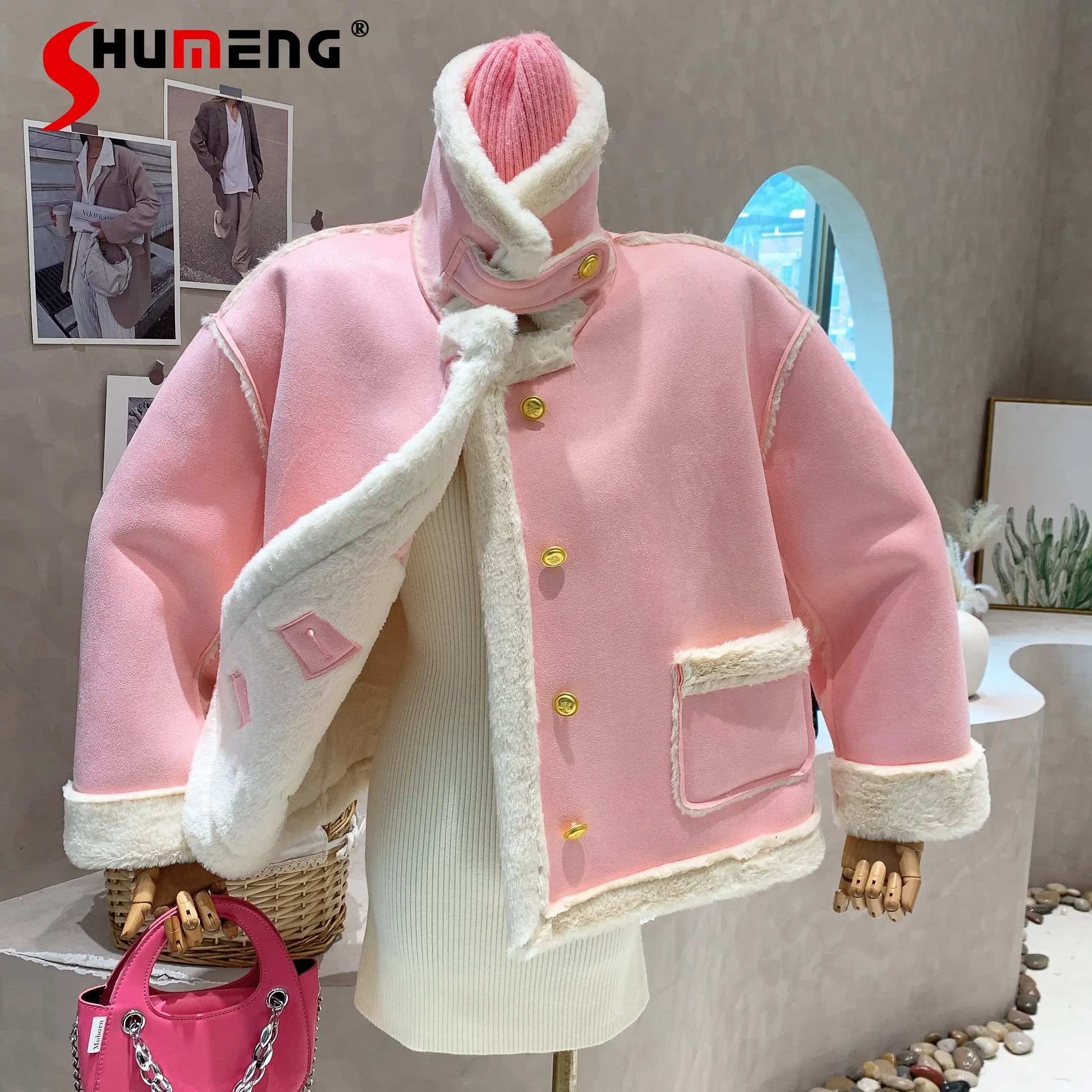 

Флисовое пальто с длинным рукавом, женское короткое зимнее меховое интегрированное Новое утепленное хлопковое пальто в Корейском стиле