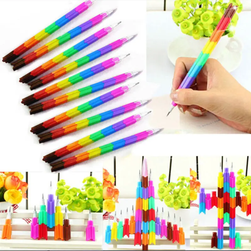 

4Pcs/lot Stacker Swap Pencils Building Block Non-Sharpening Pencil Bullet pencil For Kids Gifts 14cm Colorful Wooden pens New