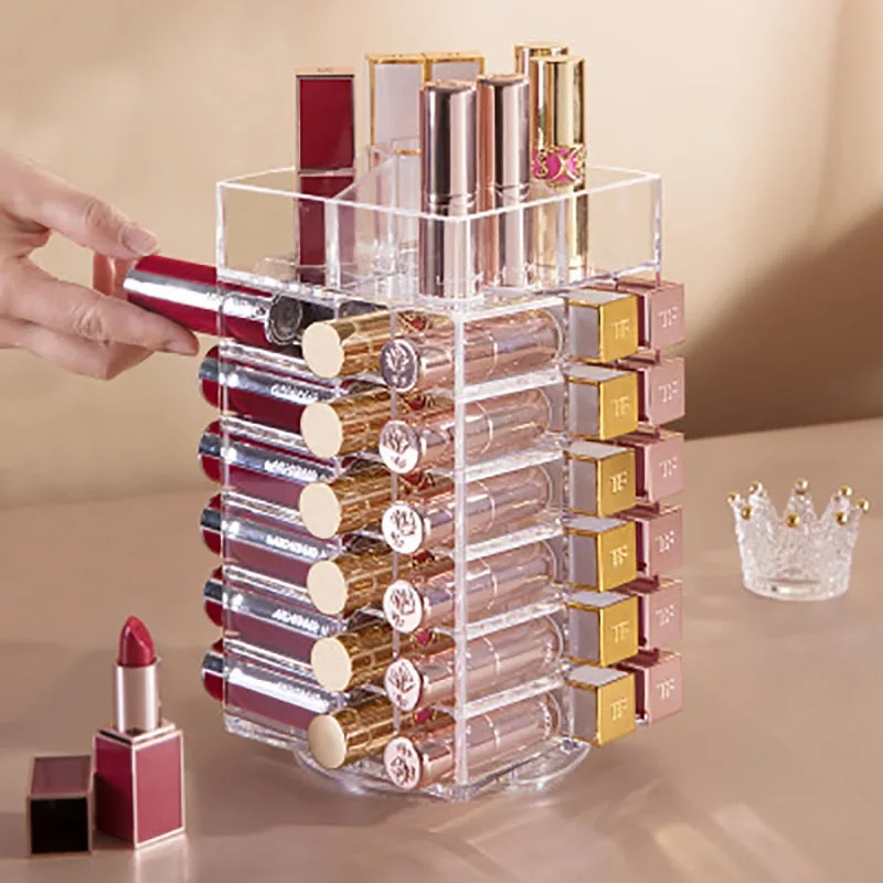 

53 Lattices Acrylic Lipstick Tower 360 Degree Rotating Makeup Lip Gloss Storage Rack Nail Polish Organizer Cosmetic Display Case