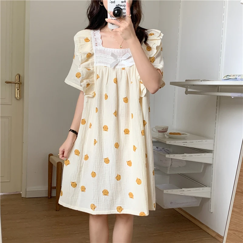 

Tiger Wear out Soft 100%Cotton Home Simple Short sleeve Summer Princess Sweet Printing Cquare collar Sleepwear Korean Kawaii