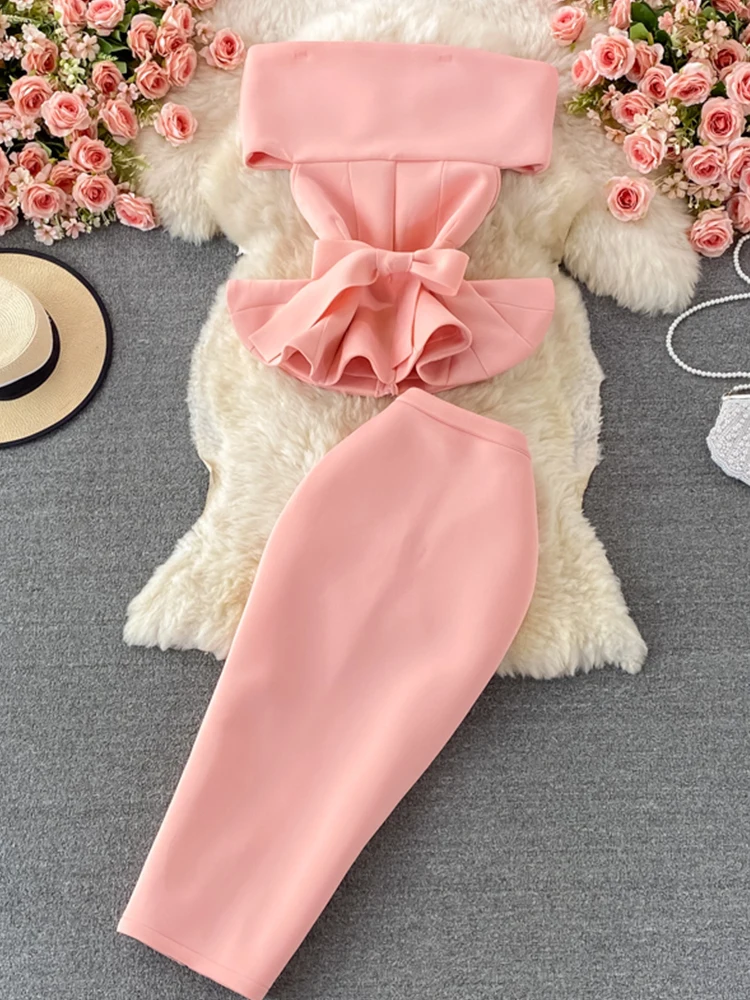 

FTLZZ New Summer Women Two Piece Sets Sexy Slash Neck Off Shoulder Ruffled Sash Tie Up Crop Top and Empire Slim Bodycon Skirt