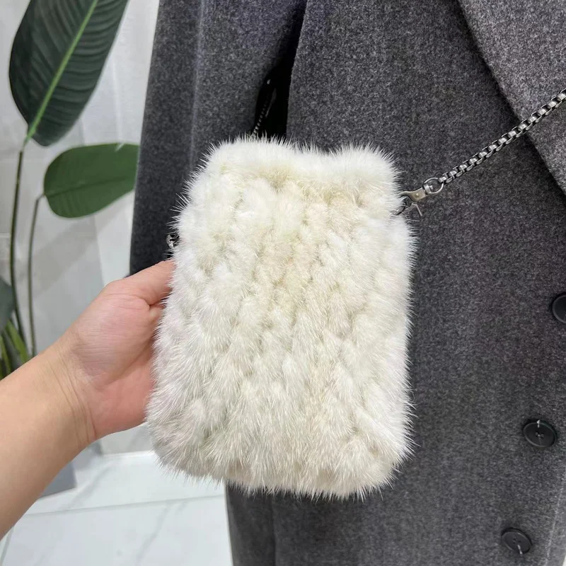 Mink Wool Real Fur Bag for Woman Hand-woven Luxury Charm Retro Bucket Bags Female Chain Women's Handbag Plush Designer Warm