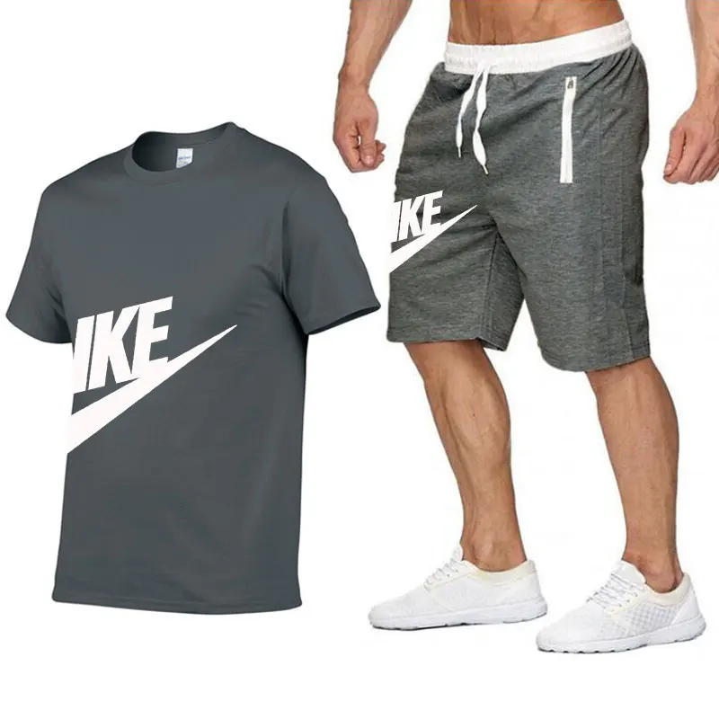 Men's Summer Two Piece Short Sleeve T-shirt Sportswear Tracksuit+Zipper Shorts Summer Breathable Casual Quick Dry Jogging Pants