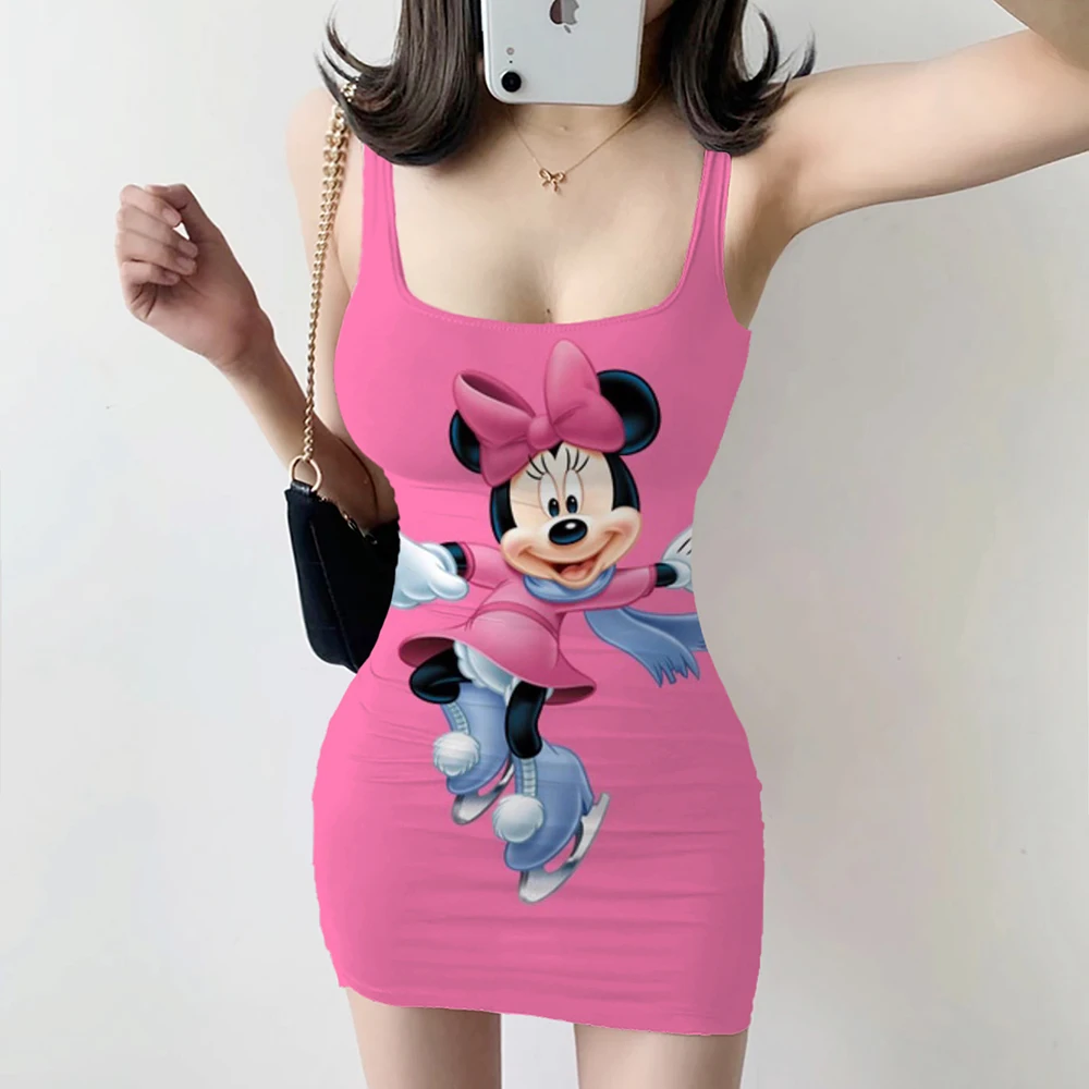 

Disney Minnie tight fitting dress Women Summer Sleeveless Mini Sexy Clothing Bodycon Party Club Dress Low Neck Dropshipping