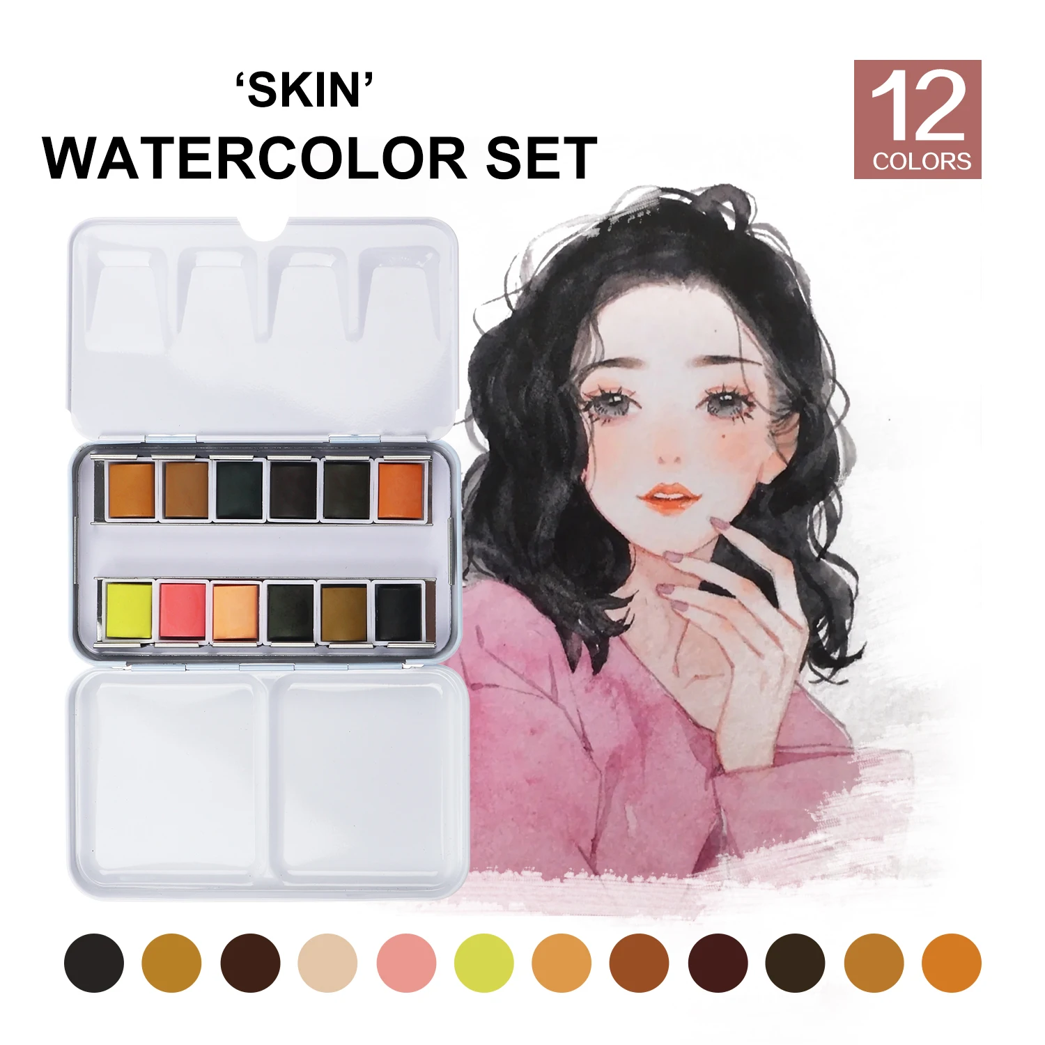 

12Color Tin Box Solid Watercolor Skin Water Color Paint for Cartoon & Portraits Painting Drawing Art Supplies