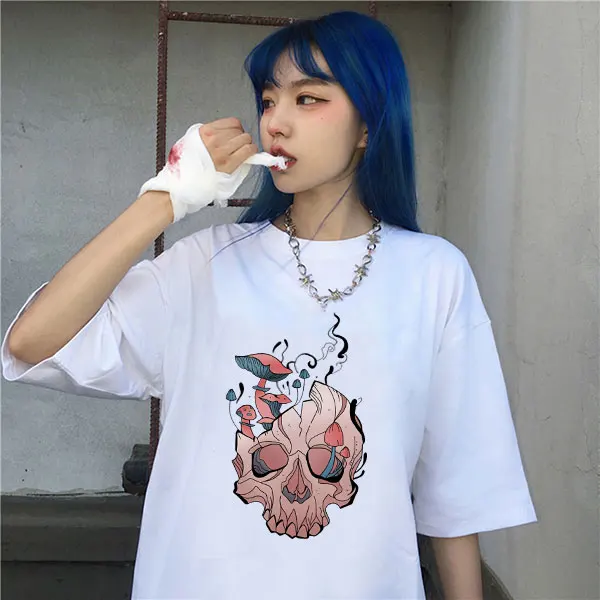 

Женские футболки с принтом, женская одежда, Готическая женская футболка, футболка с принтом черепа, грибов, женская черная футболка с коротк...