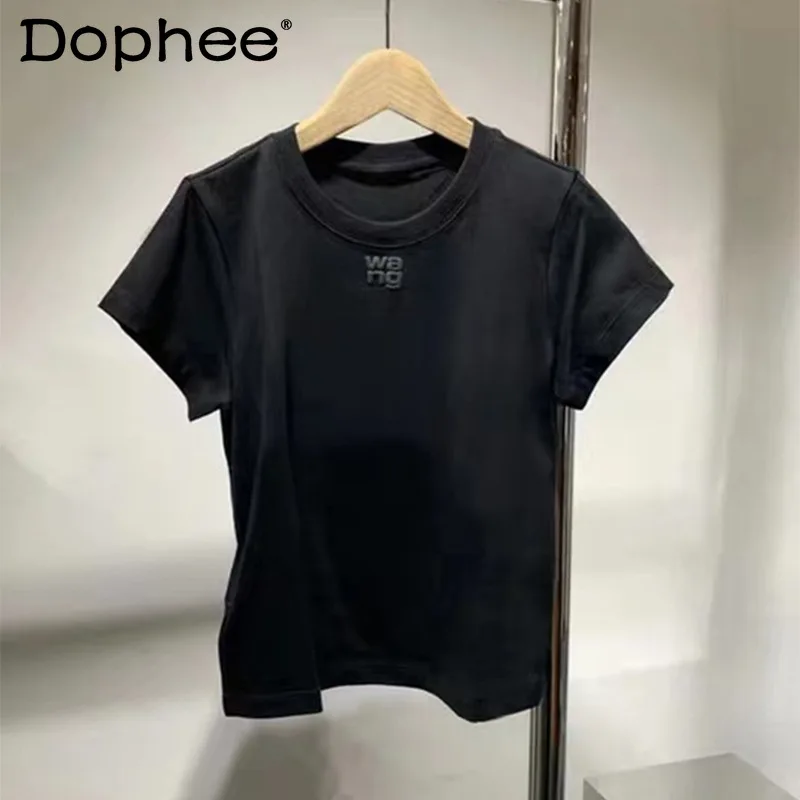 Fashion Simple Letter Print Pure Cotton T-shirt Women 2023 Summer O-Neck Short-Sleeve Tshirt Top Lady All-Matching Slim Fit Tees