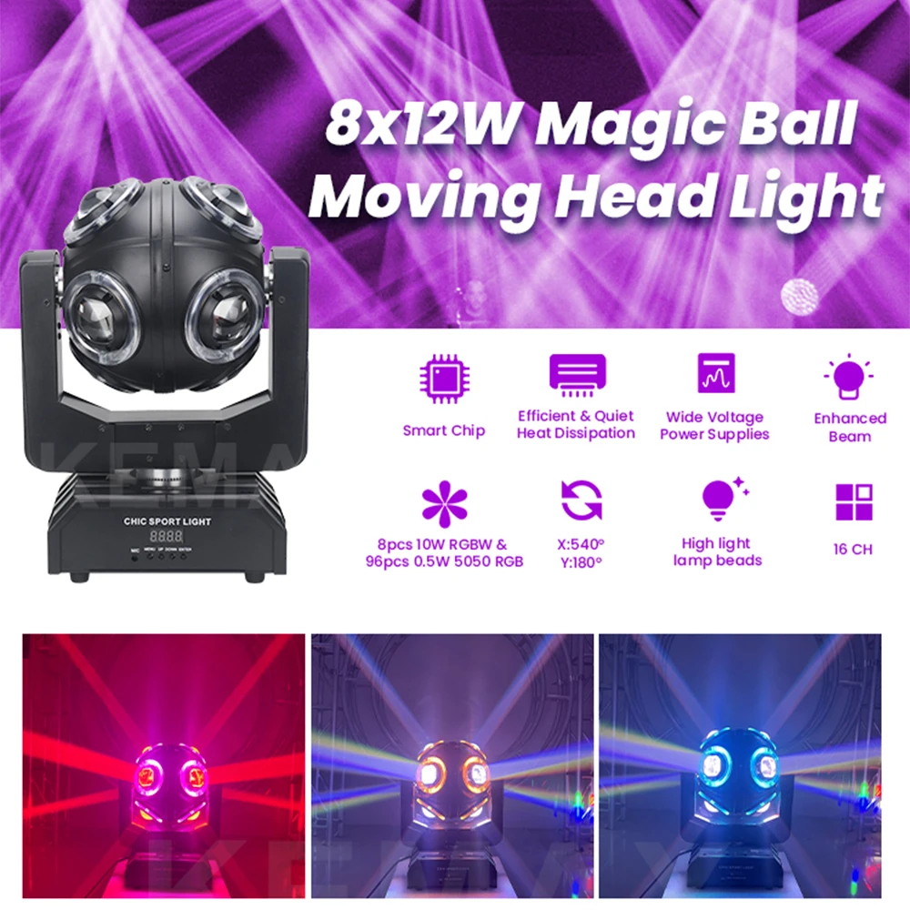 Фото 150 Вт DJ Lights с подвижной головкой DMX512 Мини-лучевой вращающийся светильник для вечеринок Красочный 8X12W Волшебный шар сценический светильник для ночного клуба на свадьбу №2