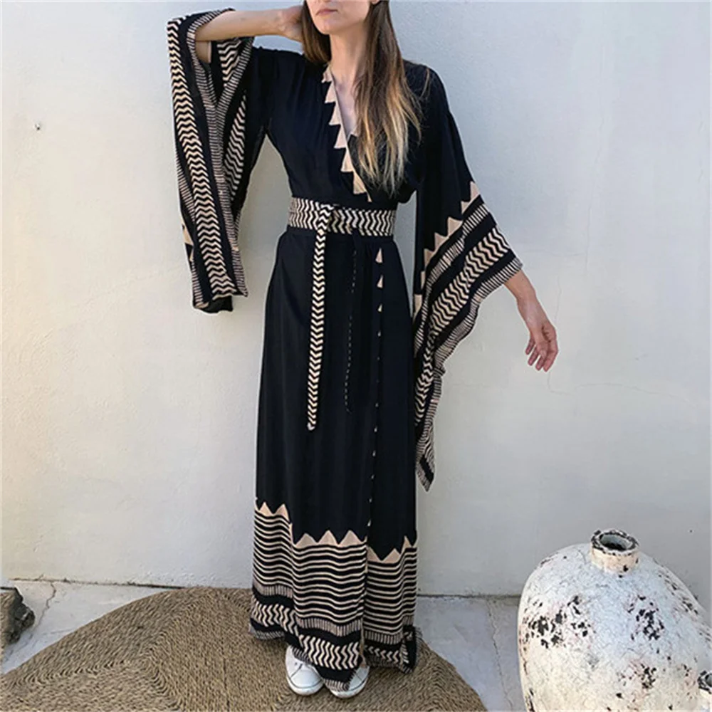 

New 2022 Summer Bikini Cover-Ups Bohemian Printed Long Kimono Cardigan Chiffon Tunic Women Beach Wear Swim Suit Cover Up