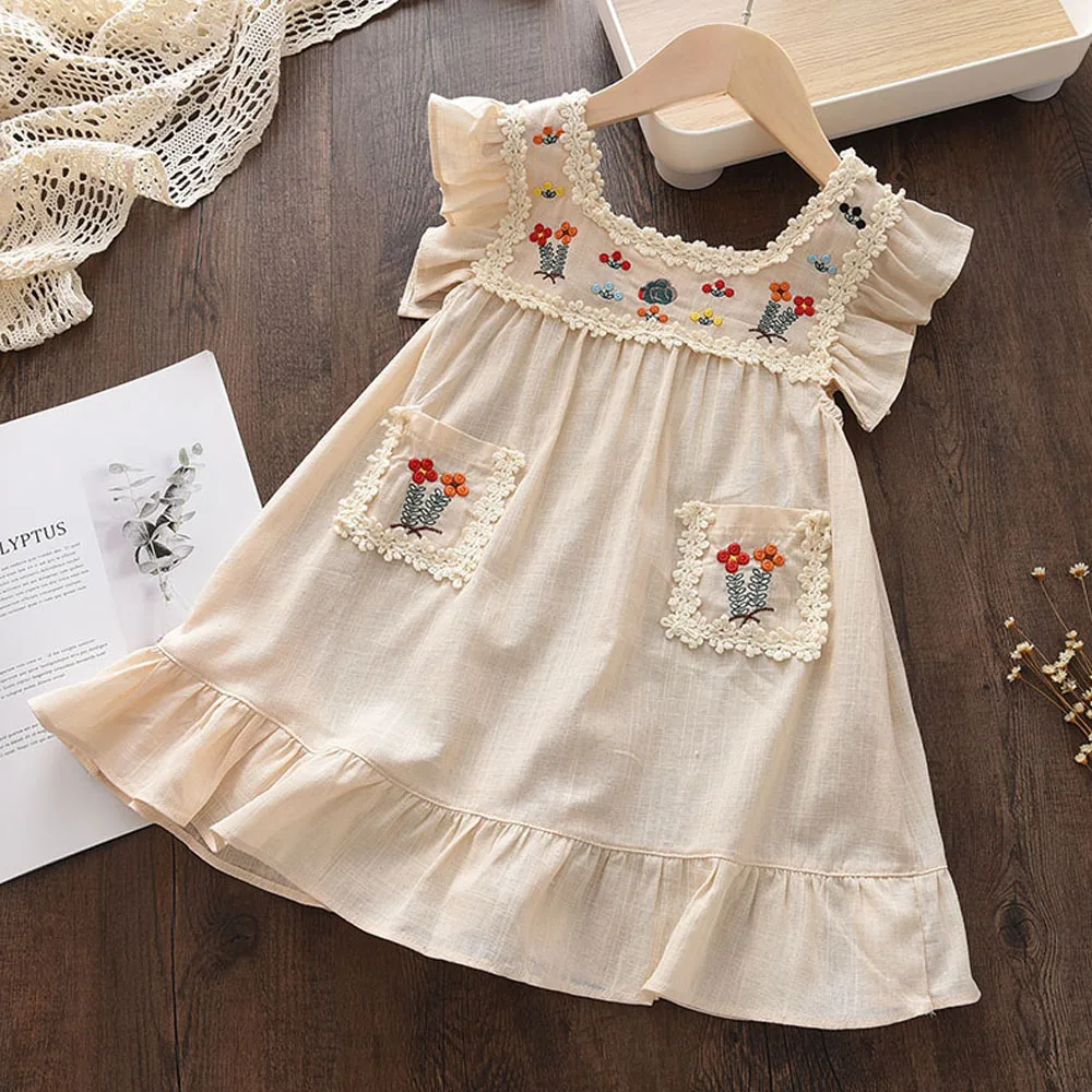 

Menoea Baby Girls Cotton Dresses New Summer Flower Embroidery Lace Dress Toddler Kids Casual Flying Sleeve Princess Clothes 2-6Y