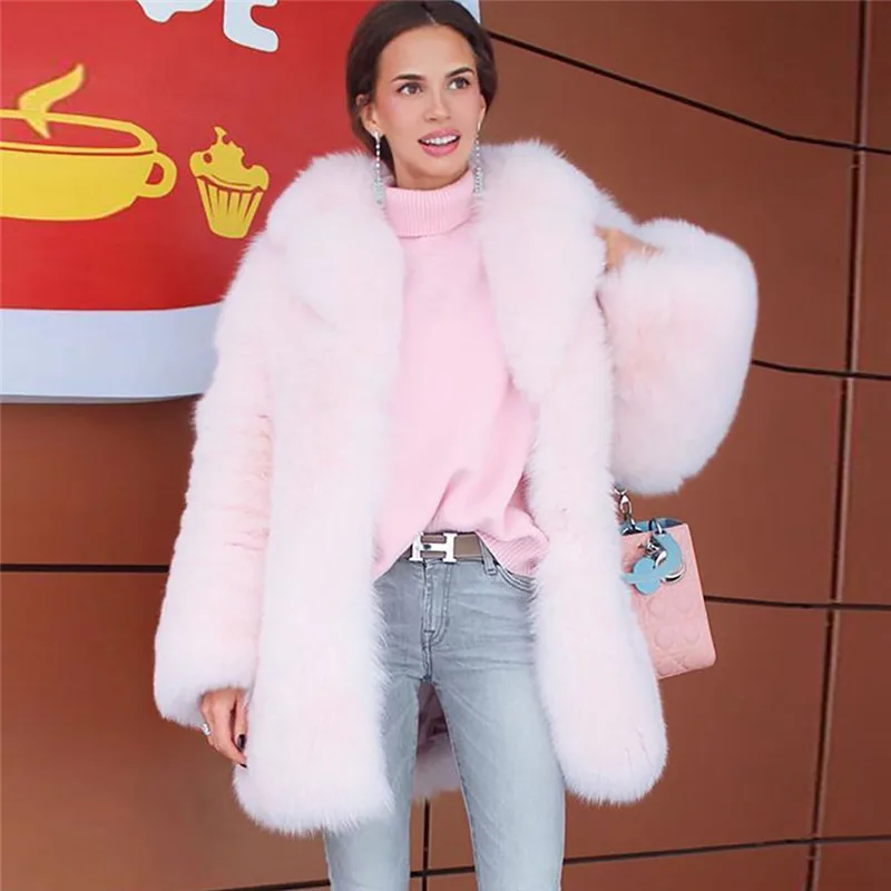 Winter High Quality Real Fox Fur Coat Women 75cm Long Genuine Full Pelt Pink Fox Fur Overcoat With Lapel Collar Warm Outwear