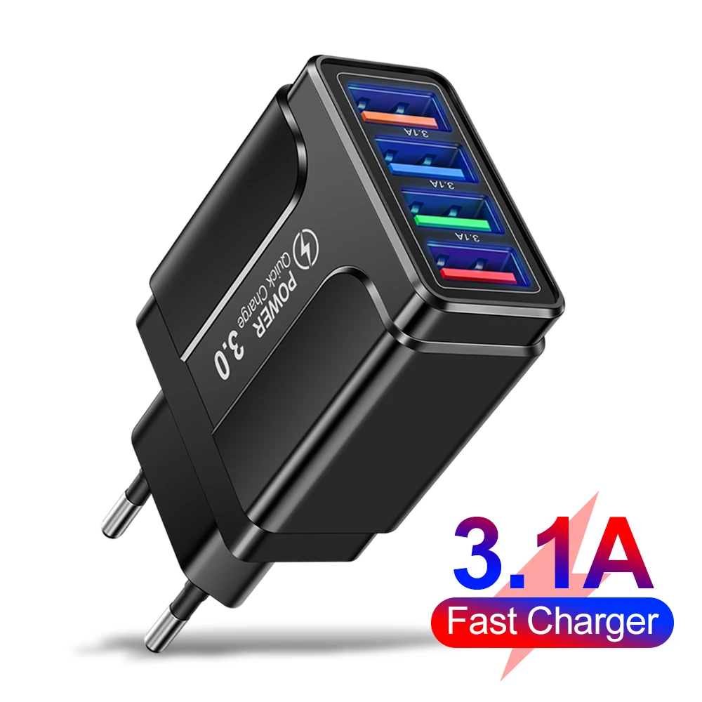 

4 Ports Quick Charge 3.0 Wall Fast Charger Adapter 3.1A Quick Charge USB Charger For iPhone 12 11 Xiaomi Samsung S9 Mobile Phone