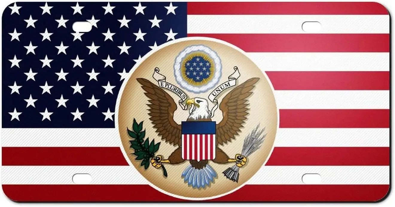 

Car Plate American Flag with National Emblem Aluminum Metal Car License Plate Cover Tag License Plate Decorative Car Front Car