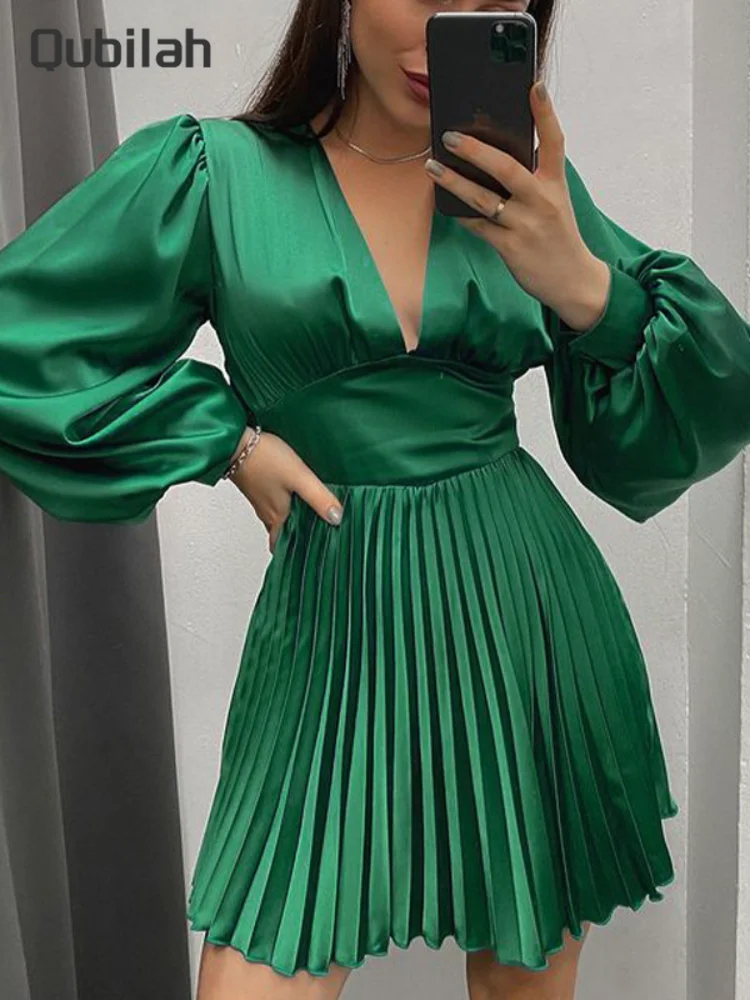

Green Dress Female Clothing Vintage Sexy Deep V Long Bishop Sleeve Pleated Skirt 2022 Spring Summer New Party Dresses for Women