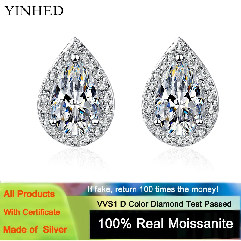 

YINHED Pear Cut 2.0ct D Color Moissanite Stud Earrings for Women S925 Sterling Silver Plated PT950 Platinum Fine Jewelry