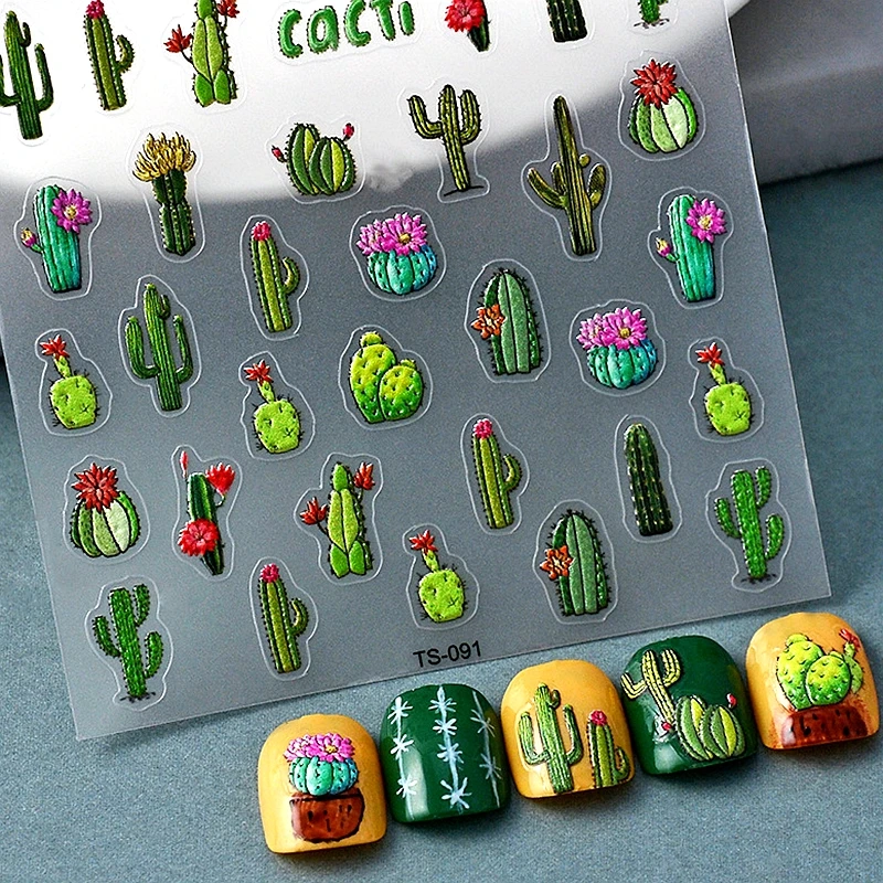 

5D Nail Stickers Cactus Geometric Lines Decoration Acrylic Embossed Sliders Cute Cartoon Nail Decal Kids Manicure Decor Supplies