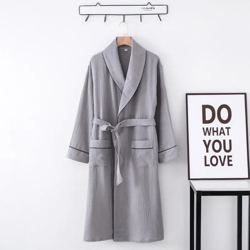 Pure Cotton Hotel Couple Nightgown Thin Cardigan Lapel Over Knee Plus Size Home Nightdress Men's and Women's Bathrobe with Belt