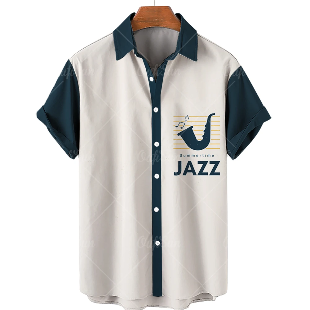 

Shirt Men's Short Sleeve Music Print Hawaiian Style Casual Loose Printed Shirt Men's Loose Summer Beach Shirt Top