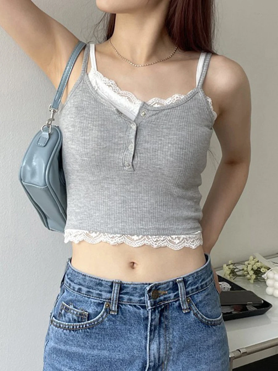 

Women Summer Crop Camisole Sexy Vintage Corset Lace Trim Fake 2-Piece Spaghetti Strap Tank Tops for Streetwear Clubwear