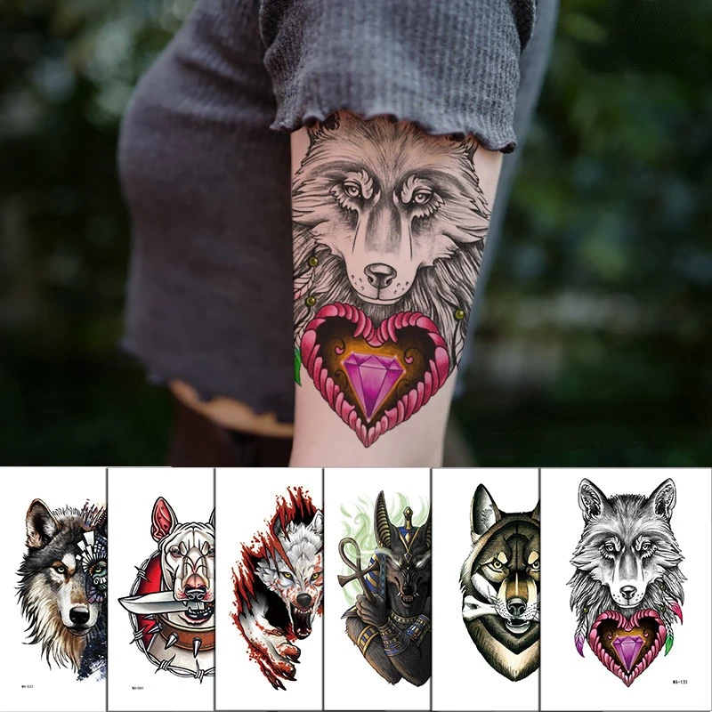 

Literary Painting Wolf Animal Flower Arm Temporary Tattoo Sticker Waterproof Leg Tattoo Sticker Arm Color Stereo Dog Sticker