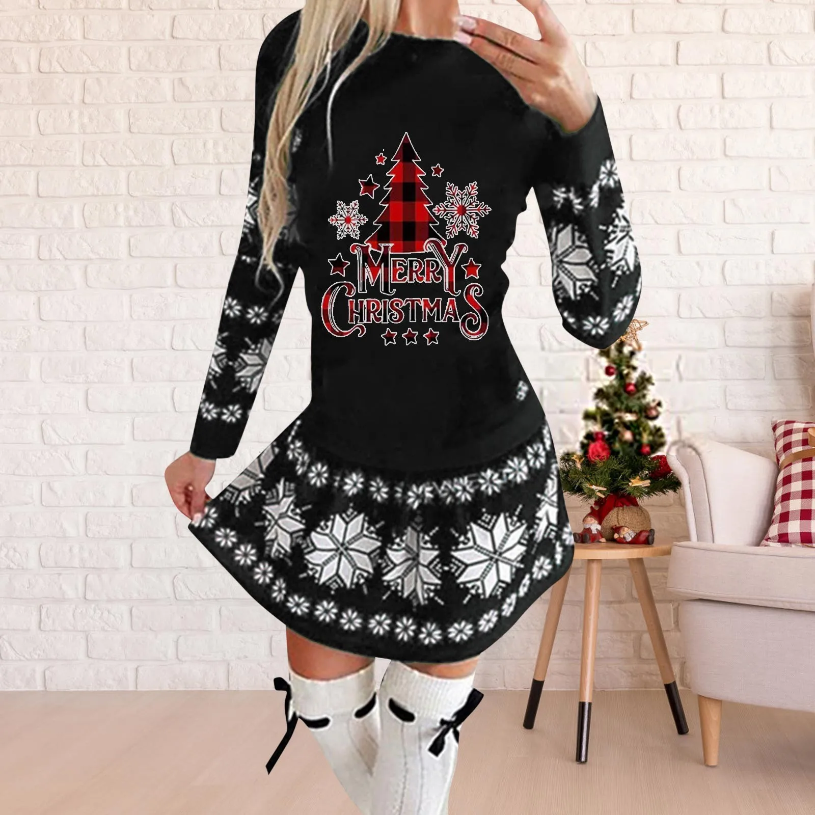 

Женское рождественское платье с длинным рукавом и принтом снежинок